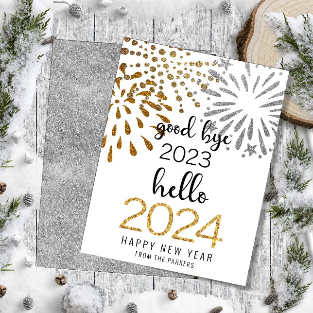 Tarjeta Festiva Hola 2025 Oro Purpurina Fuegos artificiales Año Nu (Subido por el creador)