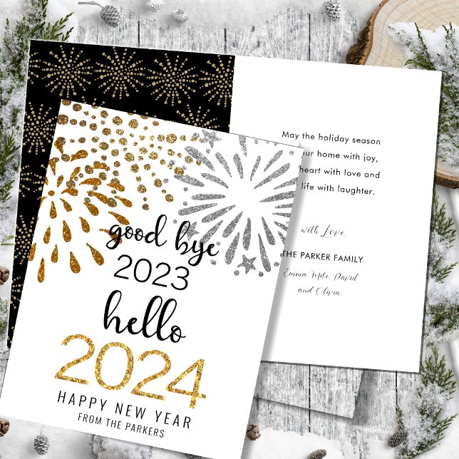 Tarjeta Festiva Hola 2025 Oro Purpurina Fuegos artificiales Año Nu (Subido por el creador)