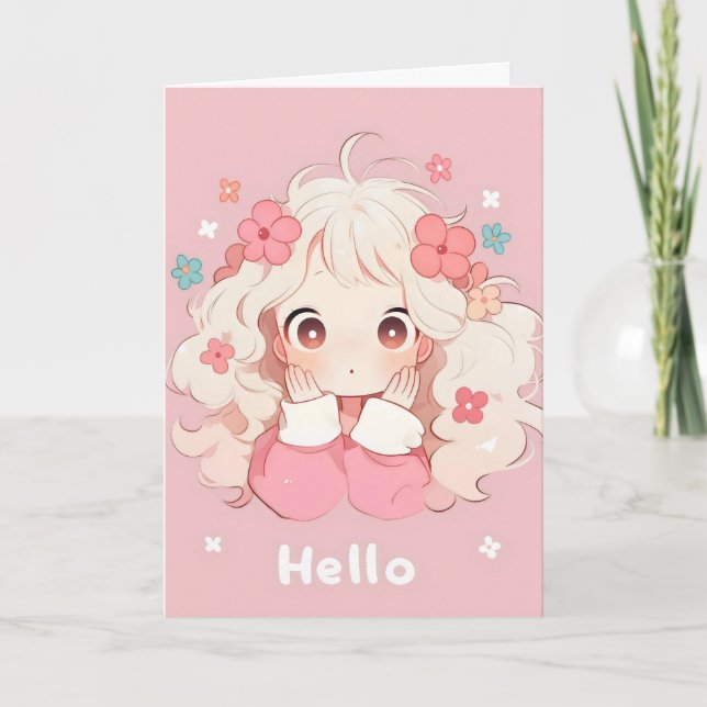 Tarjeta Festiva Hola Chica Chibi Anime (Anverso)