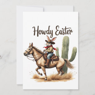 Tarjeta Festiva Hola Conejo de Pascua montando a caballo vaquero 
