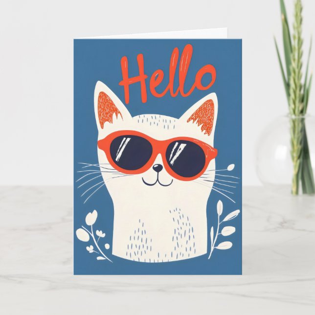 Tarjeta Festiva Hola Cool Gato Blanco (Anverso)