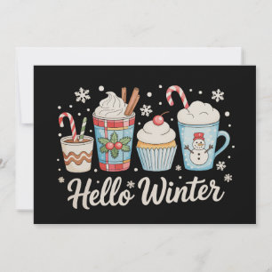 Tarjeta Festiva Hola Invierno Acogedor Café Muñeco de Nieve Navida