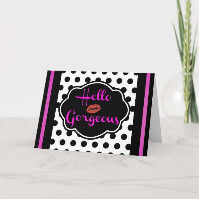 Tarjeta Festiva Hola magnífico Punto de Polka Blanco Negro Pink ca (Anverso)