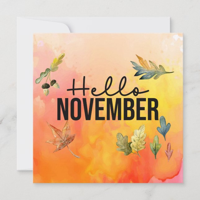 Tarjeta Festiva Hola Noviembre con hojas de caída Hol acuarela (Anverso)