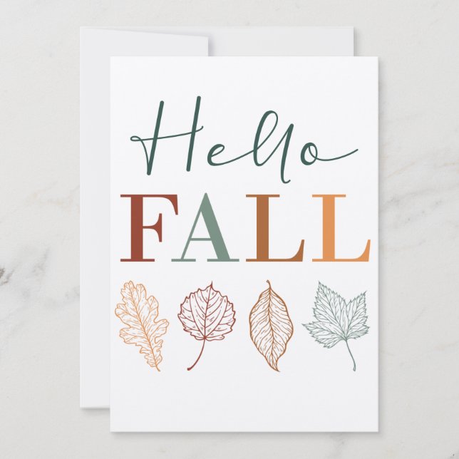 Tarjeta Festiva "Hola Otoño" hojas coloridas rústicas modernas (Anverso)