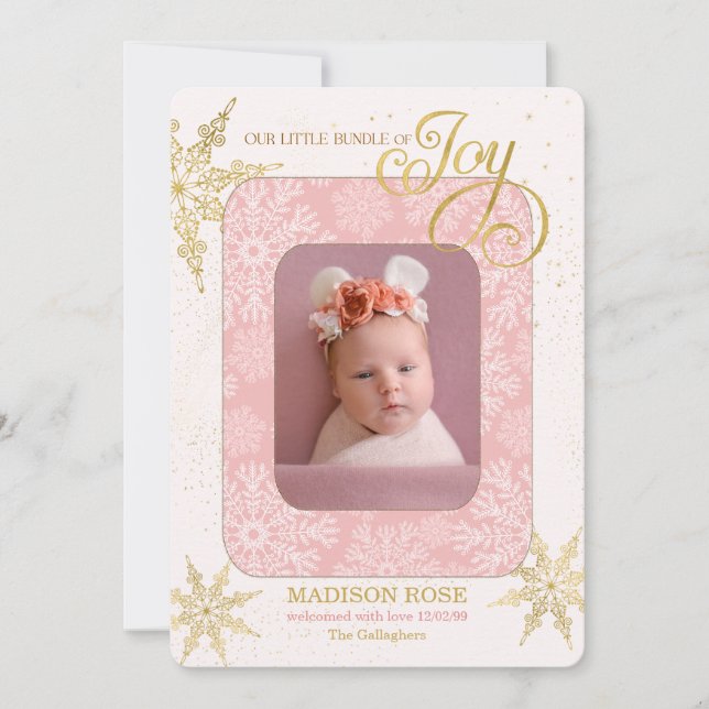 Tarjeta Festiva Holiday Birth Announcement It's a Girl Pink Photo (Anverso)