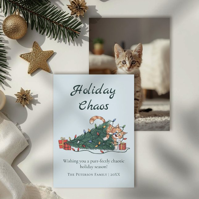 Tarjeta Festiva Holiday Chaos Funny Cat Christmas Card (Holiday Chaos Funny Cat Christmas Card on a table with gold and white Christmas decor.)