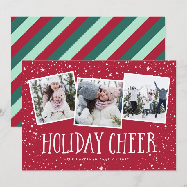 Tarjeta Festiva Holiday Cheer | 3 Photo Collage (Anverso / Reverso)
