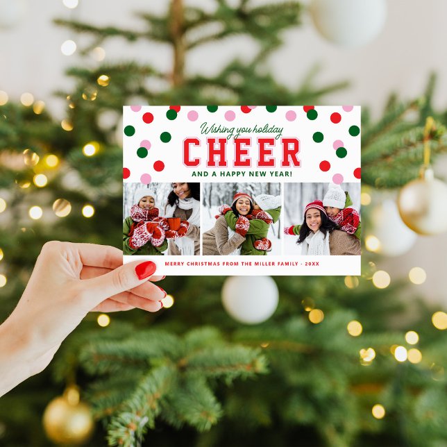 Tarjeta Festiva Holiday Cheer Modern 3 Photo Christmas Card (Subido por el creador)