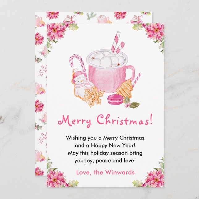 Tarjeta Festiva Holiday Cookies and Cocoa Pink Merry Christmas (Anverso / Reverso)
