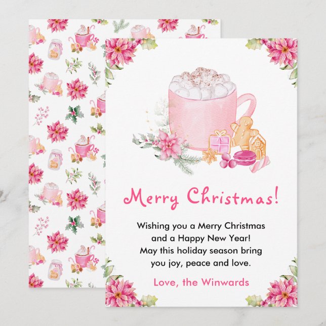 Tarjeta Festiva Holiday Cookies and Cocoa Pink Merry Christmas (Anverso / Reverso)