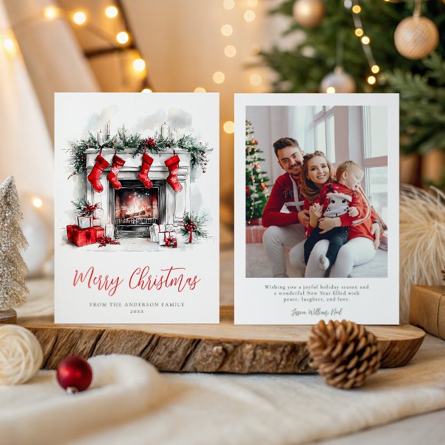 Tarjeta Festiva Holiday Cozy Fireplace Christmas Family Photo (Subido por el creador)