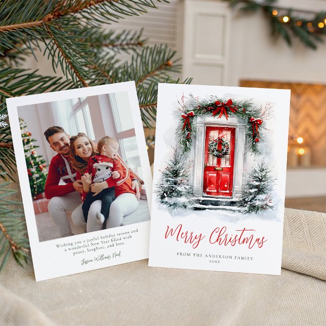 Tarjeta Festiva Holiday Cozy Red Door Christmas Family Photo (Subido por el creador)