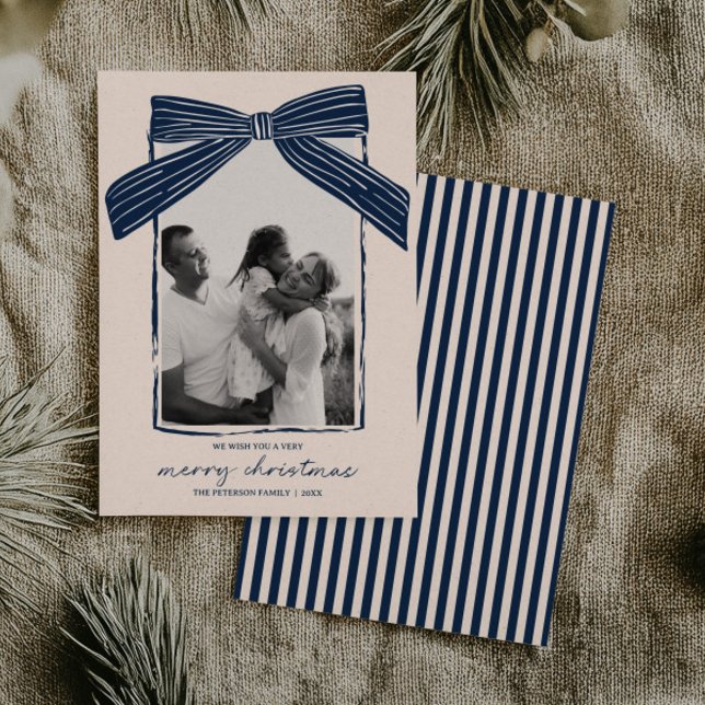 Tarjeta Festiva Holiday Family Photo Card Christmas Bow Stripe (Subido por el creador)