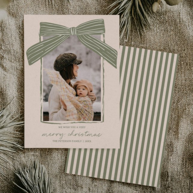 Tarjeta Festiva Holiday Family Photo Card Christmas Bow Stripe (Subido por el creador)