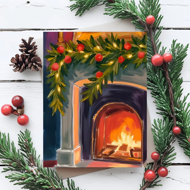 Tarjeta Festiva Holiday Fireplace | Christmas Garland Painted Card (Subido por el creador)