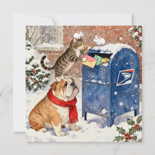 Tarjeta Festiva Holiday Helpers Animals at Mailbox Christmas Card (Anverso)