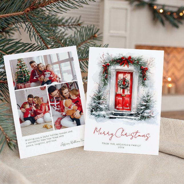 Tarjeta Festiva Holiday Home Red Door Christmas Family Photo (Subido por el creador)