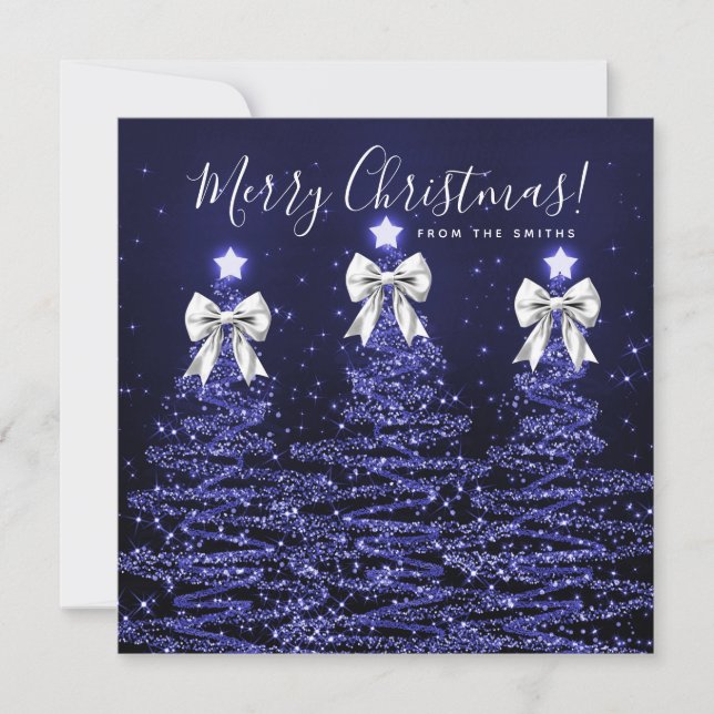 Tarjeta Festiva Holiday Navy Blue Christmas Trees Greeting Silver  (Anverso)