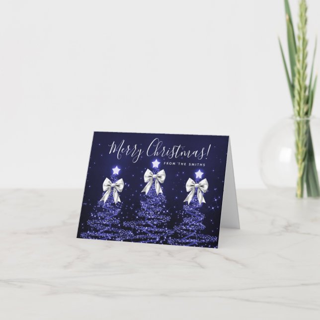 Tarjeta Festiva Holiday Navy Blue Christmas Trees Greeting Silver  (Anverso)