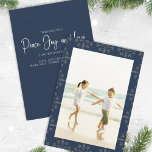 Tarjeta Festiva Holiday Peace Joy Love Elegant Snowflakes 1 Photo<br><div class="desc">Classic and Simple yet elegant navy blue snowflake pattern, this design is completely editable. With calligraphy script. This festive, elegant, and unique multi-photo Christmas photo card template is a 1 photo layout. Celebrate with this unique holiday and festive Christmas card. This design features a Christmas holiday navy blue pattern, navy...</div>