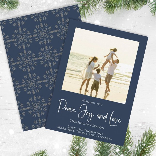 Tarjeta Festiva Holiday Peace Joy Love Elegant Snowflakes 1 Photo (Christmas holiday simple peace, joy, and love navy blue photo card. )