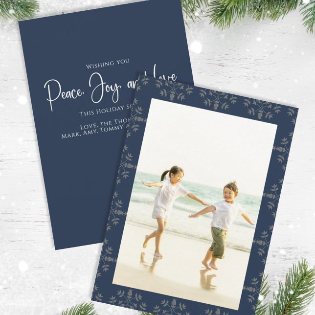 Tarjeta Festiva Holiday Peace Joy Love Elegant Snowflakes 1 Photo (Christmas holiday simple peace, joy, and love navy blue photo card. )