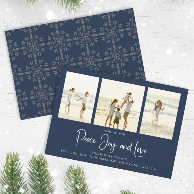 Tarjeta Festiva Holiday Peace Joy Love Elegant Snowflakes 3 Photo (Christmas holiday simple peace, joy, and love navy blue multi photo card. )