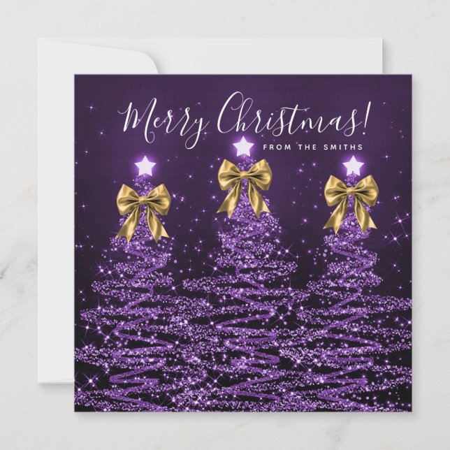 Tarjeta Festiva Holiday Purple Christmas Trees Greeting Gold  (Anverso)