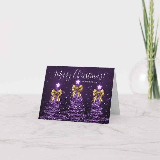 Tarjeta Festiva Holiday Purple Christmas Trees Greeting Gold  (Anverso)