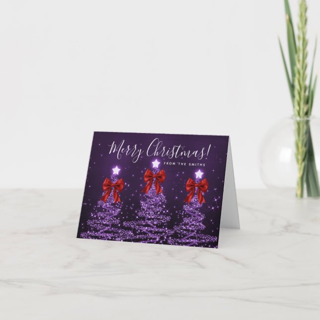 Tarjeta Festiva Holiday Purple Christmas Trees Greeting Red (Anverso)