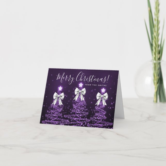 Tarjeta Festiva Holiday Purple Christmas Trees Greeting Silver  (Anverso)