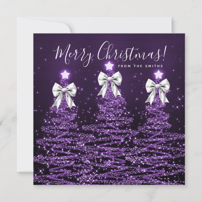 Tarjeta Festiva Holiday Purple Christmas Trees Greeting Silver  (Anverso)
