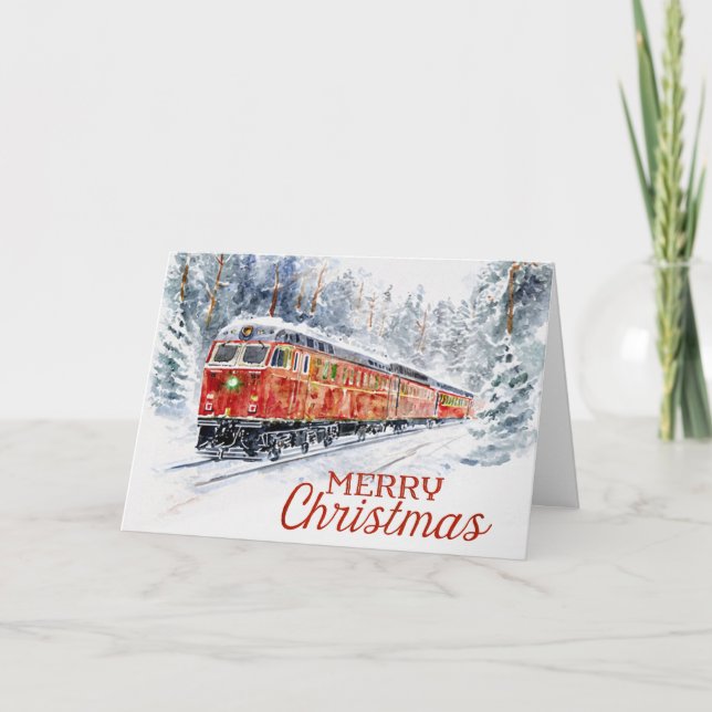 Tarjeta Festiva Holiday Train Through Snowy Woods Christmas Card (Anverso)