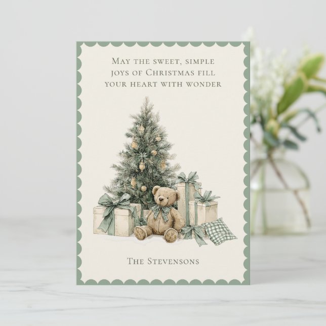 Tarjeta Festiva Holiday Tree Presents Teddy Bear Rustic Christmas (Anverso de pie)