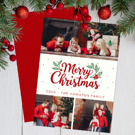 Tarjeta Festiva Holly Accent 3 Photo Merry Christmas Card