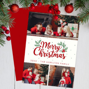 Tarjeta Festiva Holly Accent 3 Photo Merry Christmas Card