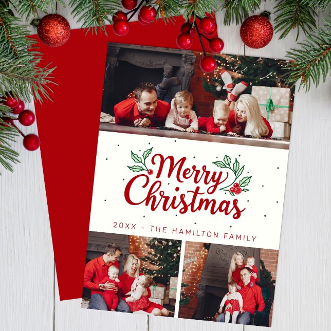Tarjeta Festiva Holly Accent 3 Photo Merry Christmas Card (Simple Christmas Card)