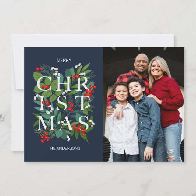 Tarjeta Festiva Holly and Greenery Merry Christmas Photo (Anverso)