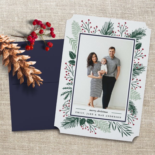 Tarjeta Festiva Holly and Pine | Merry Christmas Photo (Subido por el creador)