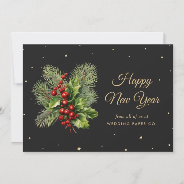 Tarjeta Festiva Holly Berries Botanical Black Happy Year Card (Anverso)