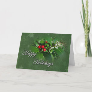 Tarjeta Festiva Holly Berries Happy Holidays Grey