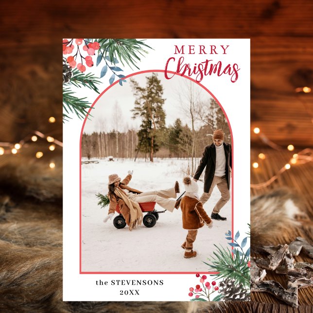 Tarjeta Festiva Holly Berries Merry Christmas Chic Arch Photo (Subido por el creador)