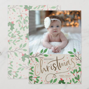 Tarjeta Festiva Holly Berries Merry Christmas Photo