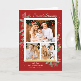 Tarjeta Festiva Holly Berries Navidades rojos Gold Confetti 3 Foto