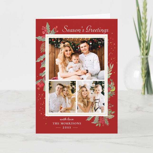 Tarjeta Festiva Holly Berries Navidades rojos Gold Confetti 3 Foto (Anverso)