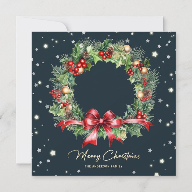 Tarjeta Festiva Holly Berries Pine Cones Wreath Foto (Anverso)