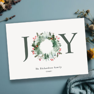 Tarjeta Festiva Holly Berries Pine Tree Joy Navidades Wreath