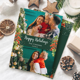 Tarjeta Festiva Holly Berries Purpurina de oro Felices Fiestas 2 F