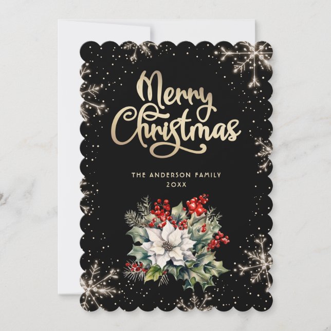 Tarjeta Festiva Holly Berries Snowflakes Black Gold Christmas Card (Anverso)